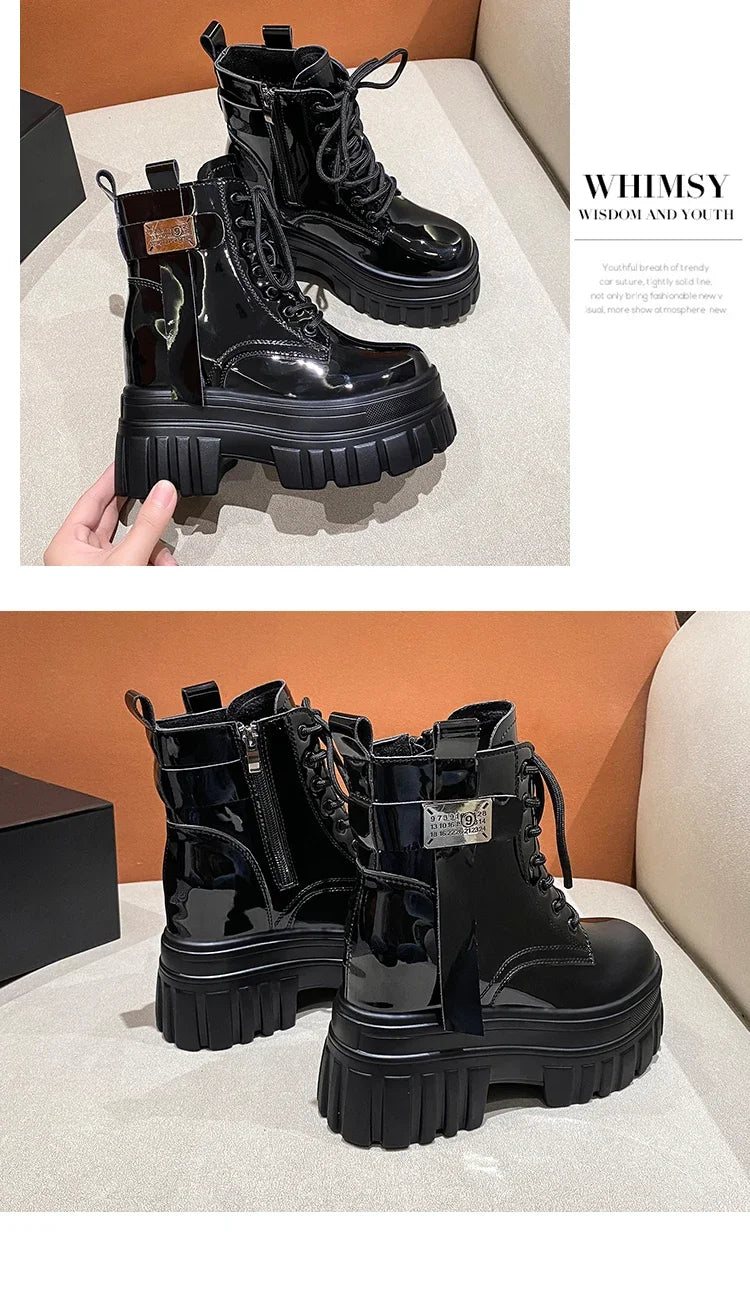 Women's High Platform Motorcycles Boots Winter 10CM Wedge Heels Warm Ankle Boots Chunky Sneakers New Autumn Leather Shoes Woman.