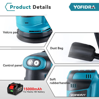 YOFIDRA Elektrische Exzenterschleifer 125 MM Akku-schleifen Schleifen Polieren Maschine Holzbearbeitung Power Tool Für Makita Batterie Pin