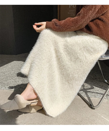 Autumn Winter New Knit Long Skirt Women Casual Thick Korean High Waist Soft A-Line Skirt.