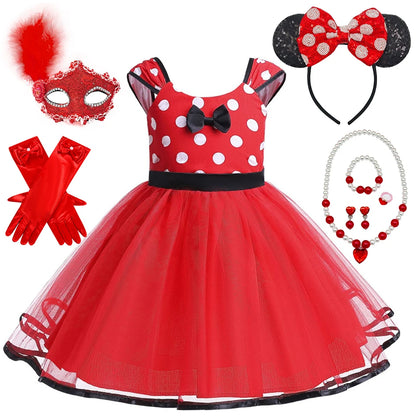 Disney Minnie Maus Polka Dot Kleid Mädchen Rosa Rot Sommer Kleidung Kinder Geburtstag Karneval Weihnachten Party Bogen Mesh Kleid Kostüme