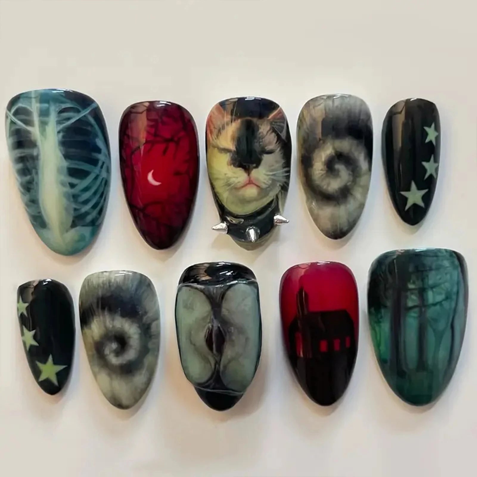 10pcs Dark Black Style Handmade Fake Nails Y2k Star Horor Foreat Designs Press On Nails Halloween Wearable Almond False Nail.