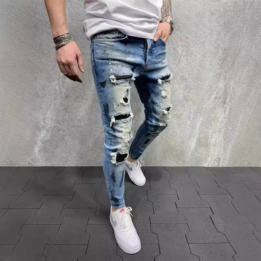 Slim-Fit-Jeans mit zerrissener Knöchelhose für Herren, bemalte Jeans.