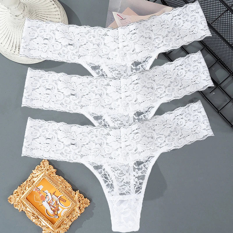 3PCS Lace Floral Women Panties Low Waist Breathable Briefs Female Thong Underwear M-2XL Solid Sexy G-String Transparent Panty.