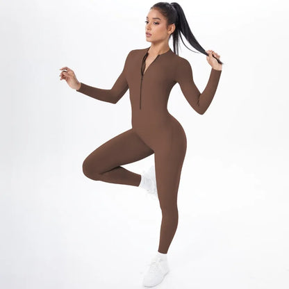 Women's Long Yoga Bodysuit with Half-Zip Sexy Back & Butt Lift for Fitness Running Outdoor Sportswear.