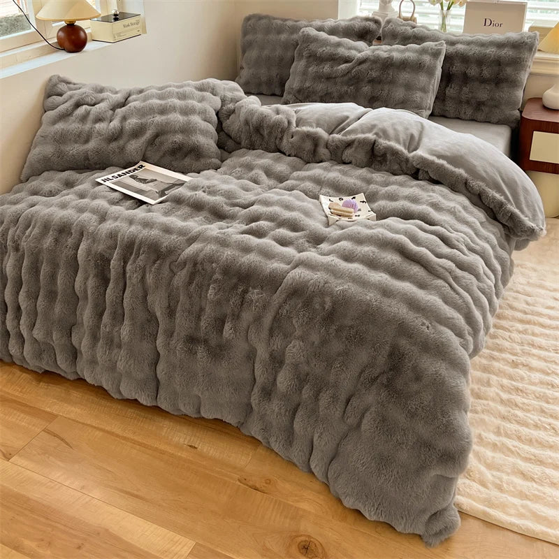 Luxury Faux Rabbit Fur Velvet Fleece Plush Soft Warm Bedding Set Super Comfortable Duvet Cover Set Blanket Bed Sheet Pillowcases