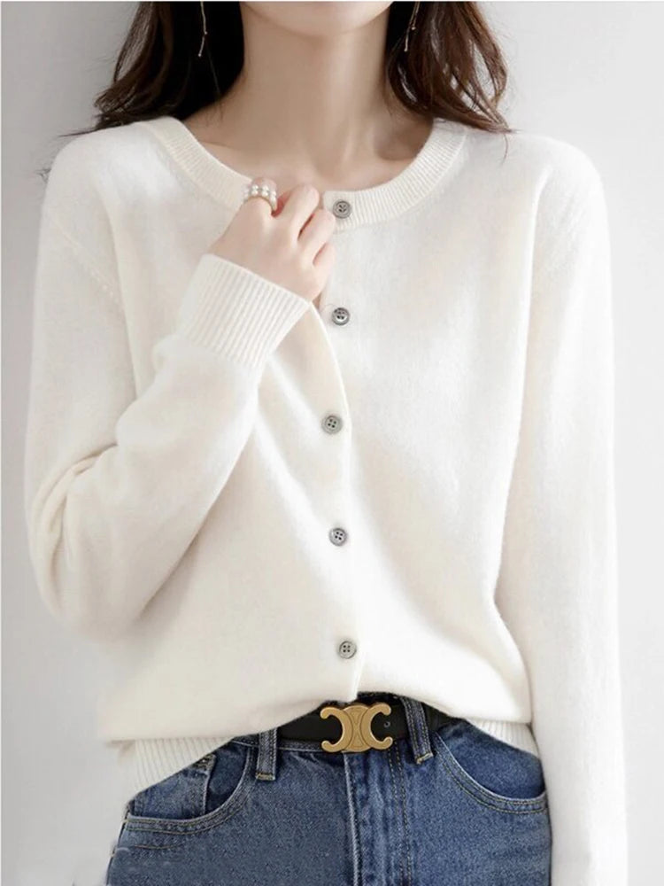 Women Knitted Cardigans Autumn Winter 2025 Round Neck Casual Long Sleeve Tops Solid Basic Soft Sweaters Female.
