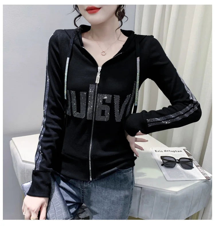 #7937Black Grey Women Hoodies Sweatshirt Tops Pullovers Diamonds Letters Slim Streetwear Short Hoodies Woman Zipper Korean Style.