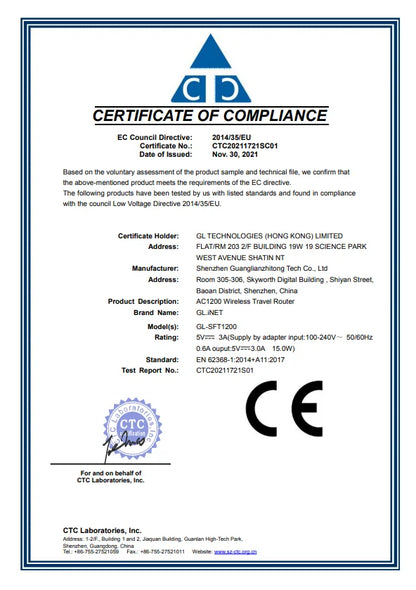 GL.iNet GL-SFT1200 (Opal) Secure Travel WiFi - AC1200 Dual Band Gigabit Ethernet Wireless Internet Router.