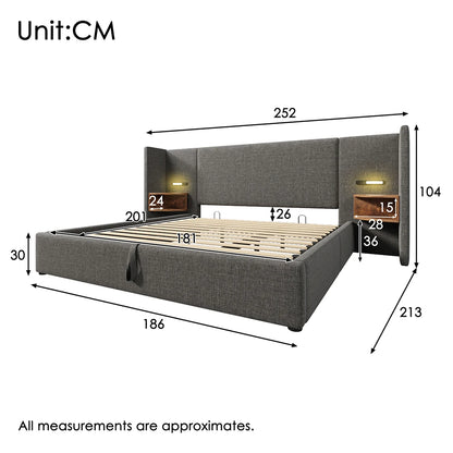 KOMHTOM Polsterbett mit Nachttisch, Leselampe und USB Type-C Ladefunktion, Leinen (Ohne Matratze)
