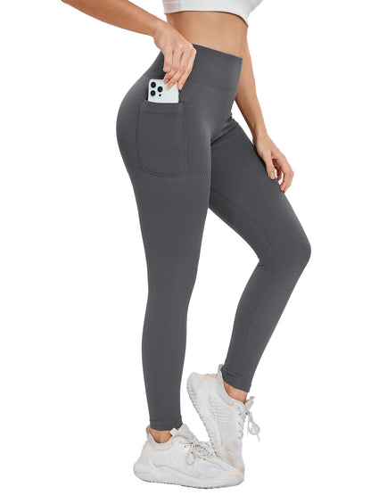 Women's solid color threaded sports leggings seamless cross-border yoga pants high-waisted fitness pants Yoga wear with pocket.