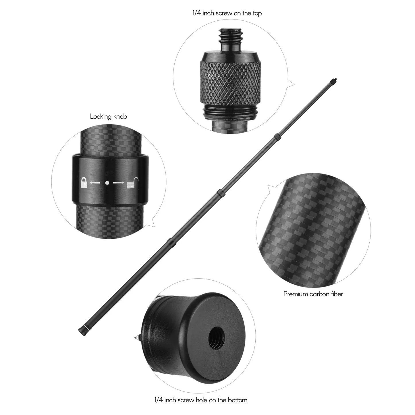 Carbon Fiber Selfie Stick Adjustable Extension Pole with 1/4 Inch Screw Replacement for One X/ One X2/ One R Panoramic Camera.