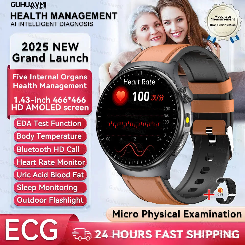 1.43'' HD Sapphire Smart Watch Bluetooth Call Blood Fat Uric Acid Heart Rate Body Analysis Five Organs Health Smartwatch Men Wom