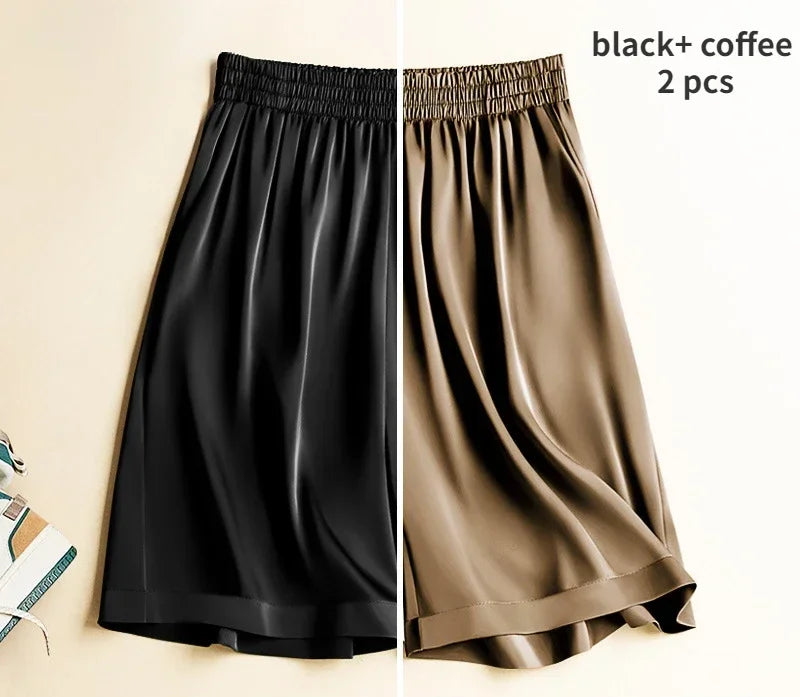 High Waist Ice Silk Acetate Shorts Pants Women's Summer Thin Satin Cropped Pants Casual Loose Plus Size Pajamas Women Shorts.