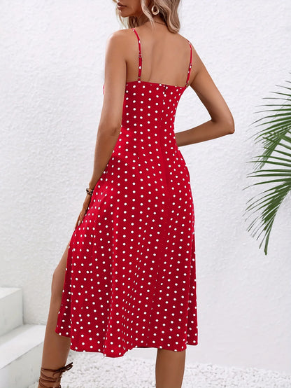 2024 sommer Sexy Spaghetti-trägern Kleid Frauen Mode Polka Dot Print Ärmelloses Schlitz Kleid Boho Casual Strand Midi Kleider.