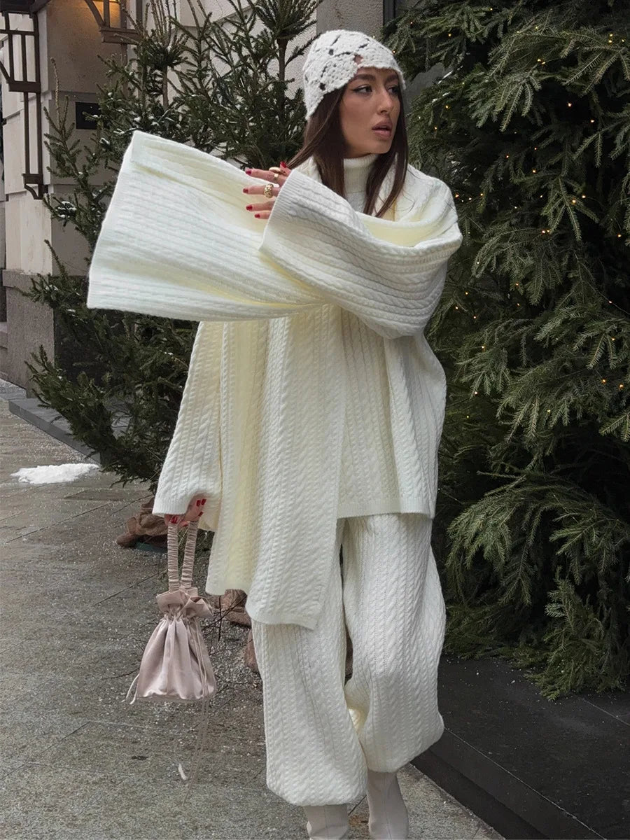 Bornladies Herbst Winter Mode frauen Neue Zopfmuster Pullover Breite Bein Hosen Set Weiche Wolle Mischung Lose Fit High Neck Pullover