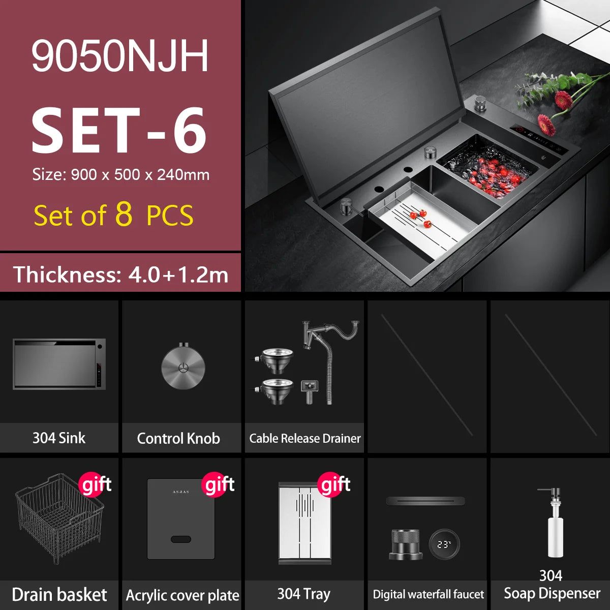 ASRAS Kitchen Sink Stainless Steel Nano Grey Kitchen Sink with Built-in Food Purifier, Hidden Cover & Adjustable Lift Faucet