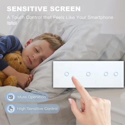 BSEED Touch-Schalter, 1/2/3 Gang, 1-Wege-Wandlichtschalter, blaue LED-Hintergrundbeleuchtung, Glas, Sensorbildschirm, Heimschalter, Weiß, EU-Standard.