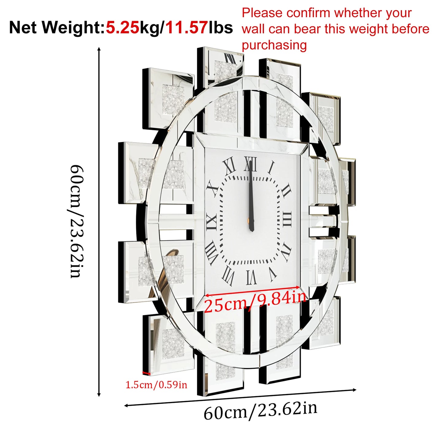 Wanduhr 60 cm/24 Zoll, runde Uhr mit zerkleinertem Diamant-Dekor, abgeschrägter Spiegelkantenrahmen, golden/silber, für Einstieg, Wohnzimmer, Büro