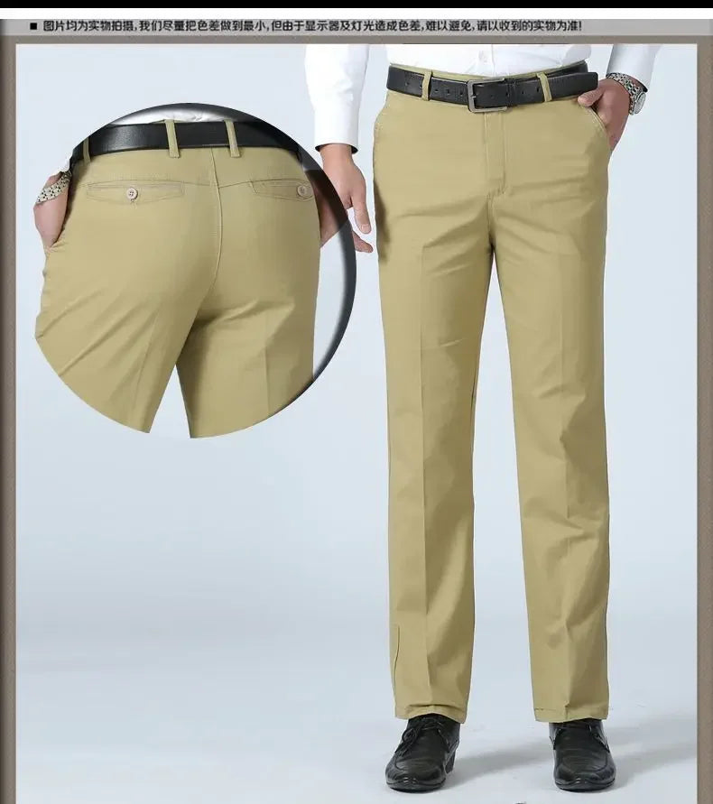 Smart Casual Pure Cotton Anti-Wrinkle High Waist Loose Baggy Straight Thicken Men Spring Autumn Solid Color Mid Casual Pants.
