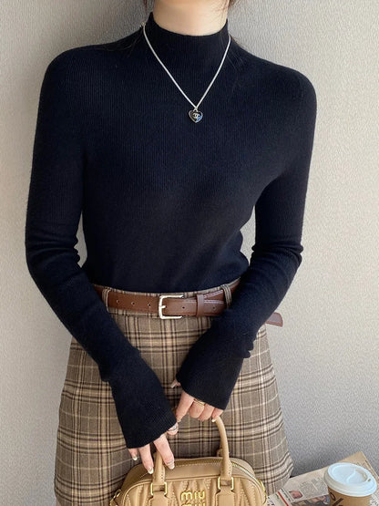 Herbst Winter Pullover Pullover Bodenbildung Shirt Frauen Gestrickte Shirts Weibliche Lange Hülse Mock Neck Elastische Dünne Pullover Stricken Tops