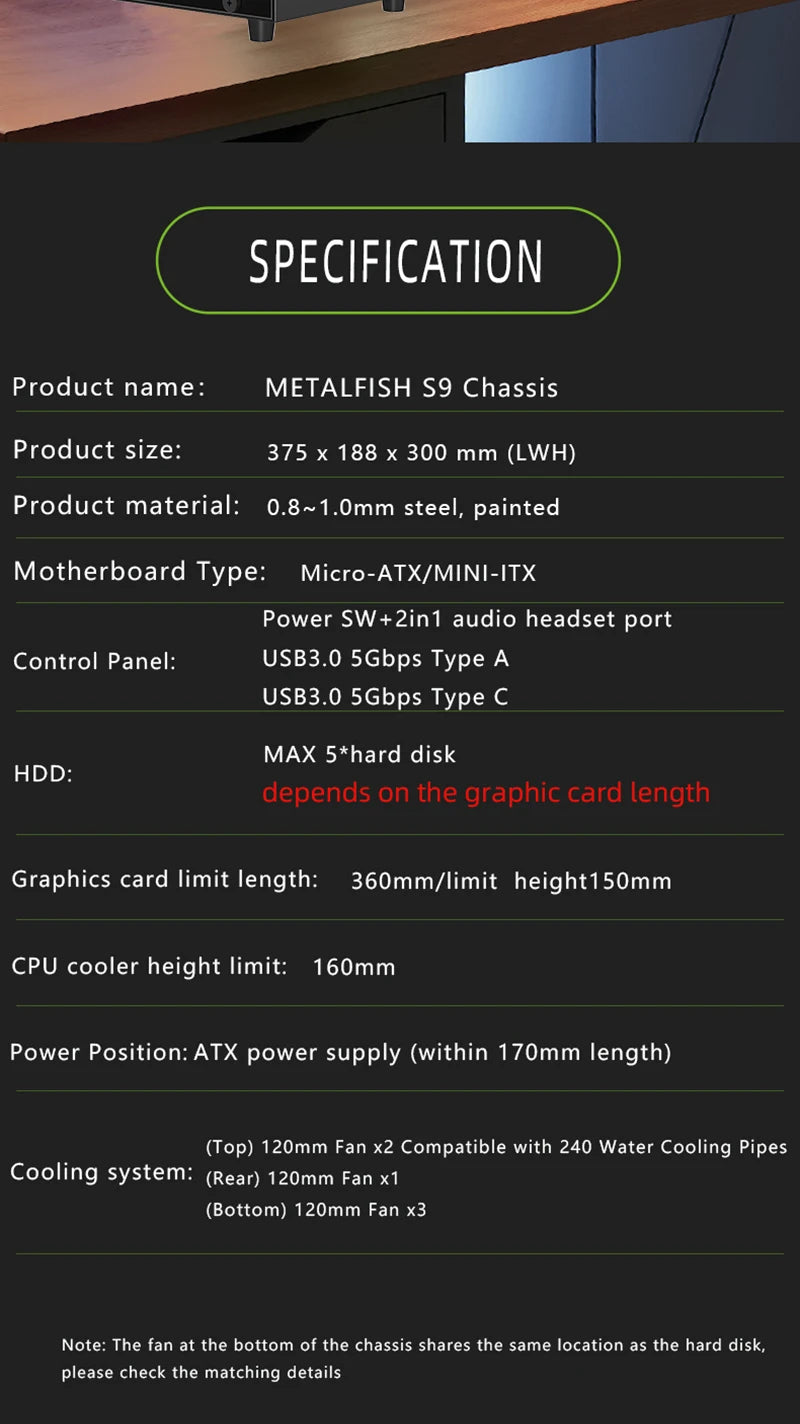 METALFISH S9 MATX Computer Case Gaming PC Chassis Support MATX/ITX/ATX PSU/240 Liquid Cooler/360mm GPU.