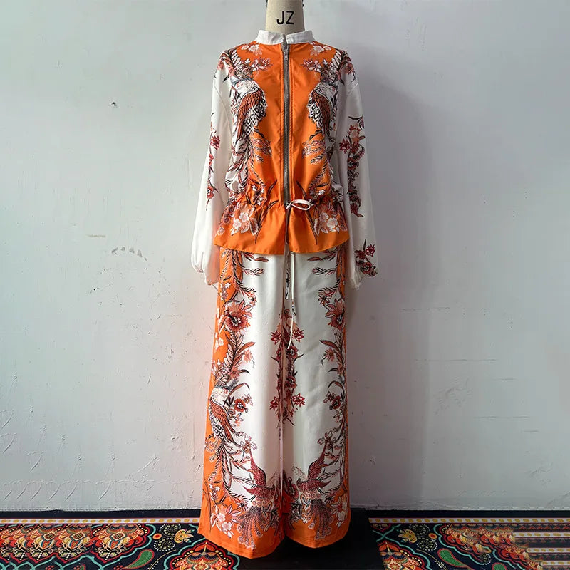 Summer Fashion Print Women's 2-piece Set Flower Zipper Baseball Uniform Drawstring Trousers Two-piece Outfit Elegant Office Suit