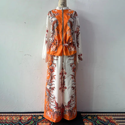 Summer Fashion Print Women's 2-piece Set Flower Zipper Baseball Uniform Drawstring Trousers Two-piece Outfit Elegant Office Suit