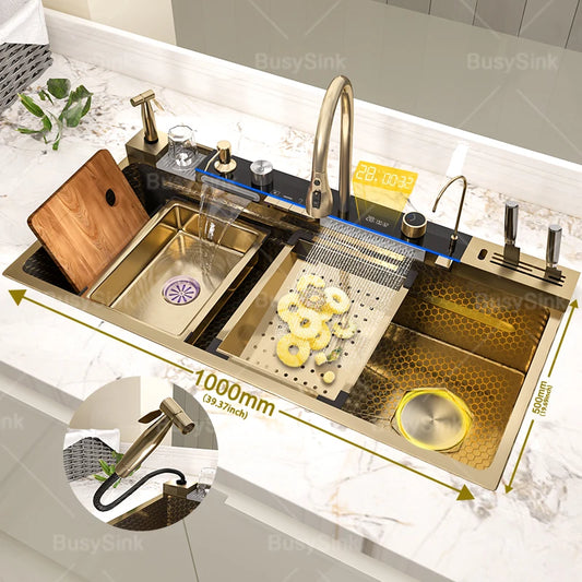 Golden Stainless Steel Kitchen Sink Waterfall Outlet Large Single Sink Digital Display Dishwashing and Vegetable Sinks