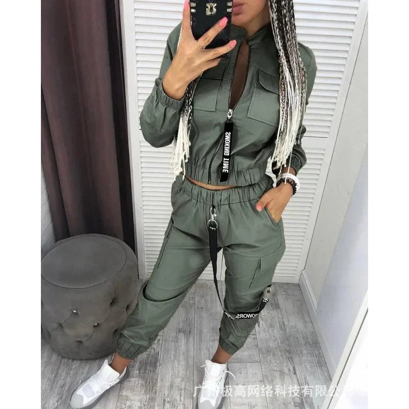 New Women Fashion Casual Autumn Winter 2pcs Clothes Set Pockets Zipper Long Sleeve Top Elastic Waist Pants Cargo Solid Color.