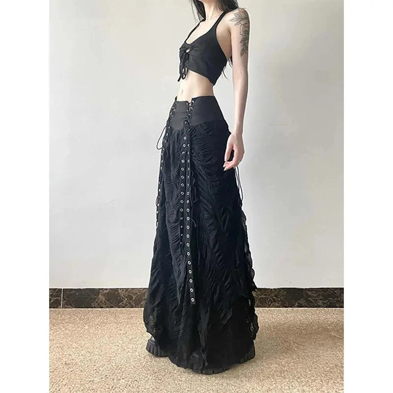 MEXZT Y2K Lace Mesh Long Skirt Women Harajuku Vintage Patchwork Bandage Black Skirts Gothic Aesthetic High Waist Chic Faldas New.