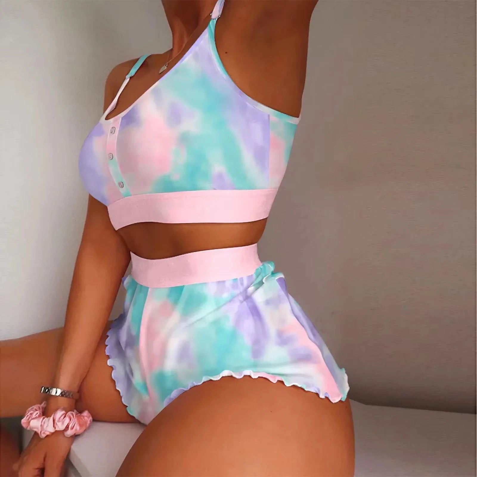 2025 neue Frauen Nachtwäsche Lippen Schmetterling Drucken Hause Ausgesetzt Pyjamas Set Weste Bh Top Kurze Nachtwäsche Dessous frauen Nachthemd.