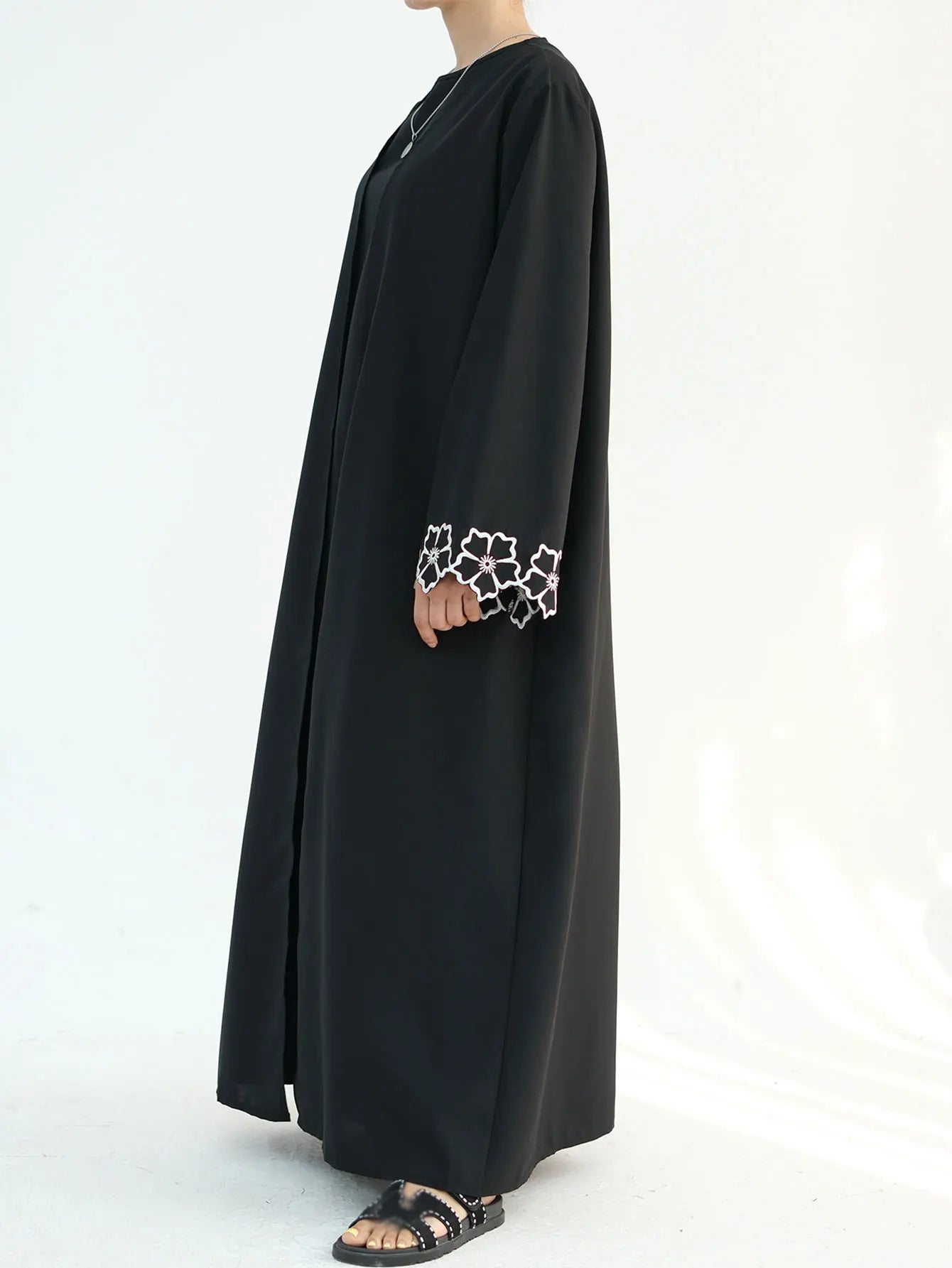 Chic Coffee Color Outer Piece Abaya Geometric Cuff Embroidery Ideal Modern Muslim Women Suitable for Daily/Semi formal Occasion.