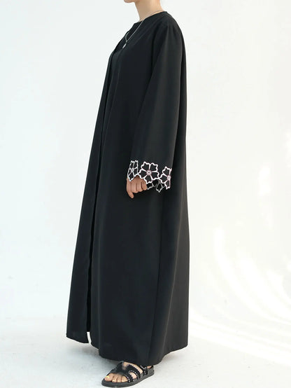 Chic Coffee Color Outer Piece Abaya Geometric Cuff Embroidery Ideal Modern Muslim Women Suitable for Daily/Semi formal Occasion.