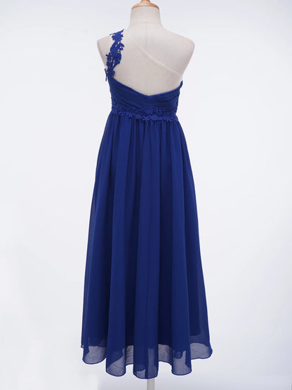 Mädchen Hochzeit Brautjungfer Kleid One Shoulder Elegante Guipure-Spitze Geraffte Chiffon Maxi Party Kleider Geburtstag Abend Abendkleid