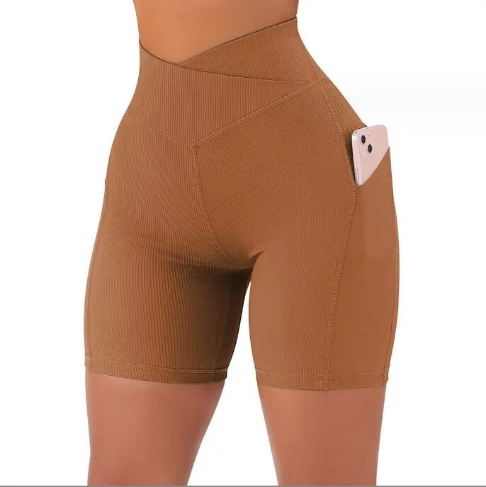 Sports Short Women Cross Workout Yoga Shorts with Pockets 5" High Waist Booty Biker Short.