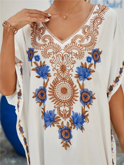 Women Embroidered Kaftan Dress Caftan Loungewear Long Bathing Suit Cover Up Beach Wear Vacation Outfit Loose Summer Women's Robe.