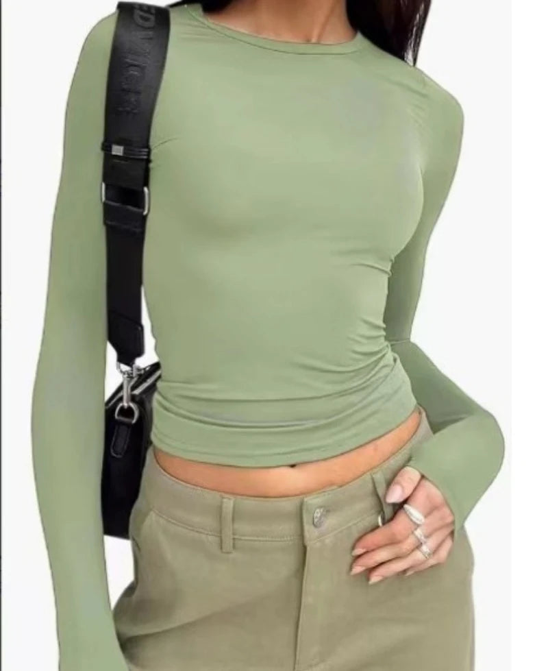 Women's Long Sleeved T-Shirt Spring And Autumn Solid Color Slim Fit Pullover Women's Basic T-Shirt Y2k Clothes Street Wear.