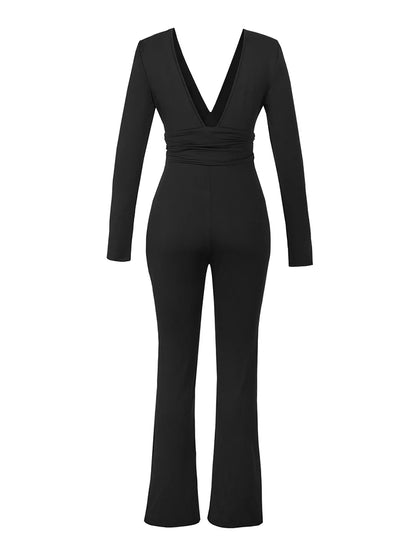 Schwarz Plissee Big Flare Overall Langarm V-ausschnitt Dünne Overall Hosen Frauen Sexy Schlanke Rückenfreie Langarm Hosen