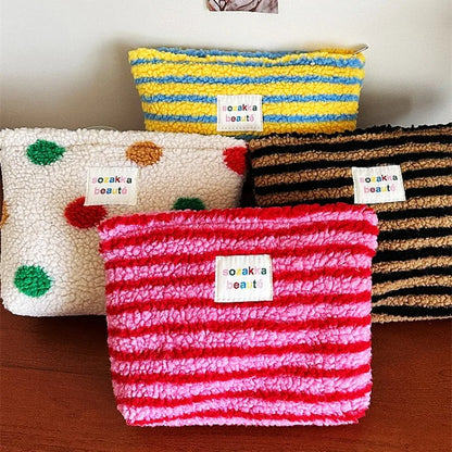 New Colorful Striped Dot Plush Clutch Cosmetic Bag Large Capacity Makeup Pouch Toiletries Bag Travel Outdoor Makeup Storage.
