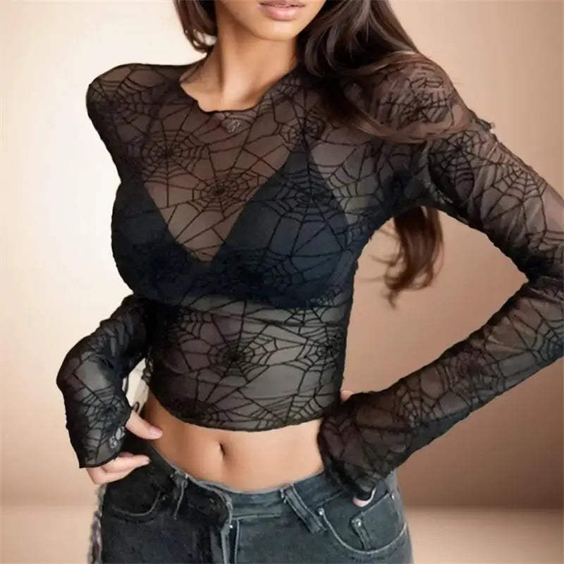 Spider Mesh Yarn Crop Top Long Sleeves Top Sexy Black Fairy Grunge Clothes Transparent Club Streetwear T-shirt  Women Summer Y2k.