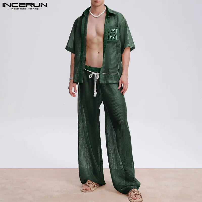 INCERUN Men Sets Mesh Patchwork See Through Sexy Short Sleeve Shirts & Pants Two Pieces Sets Streetwear 2025 Men's Casual Suits.