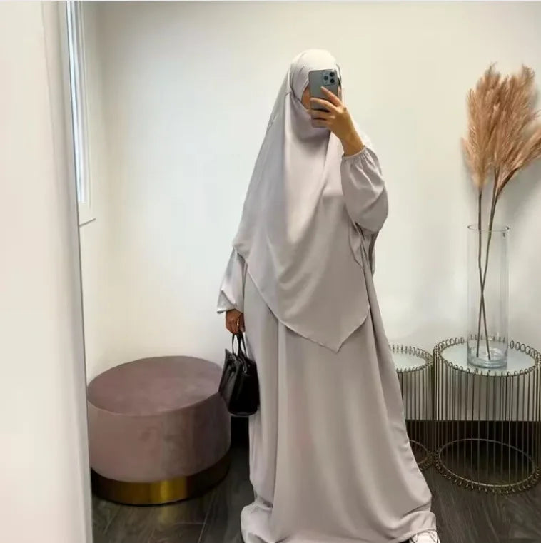 Eid Muslim Women Long Khimar 2 Piece Set Abaya Dress Prayer Garment Hijab Full Cover Islamic Ramadan Kaftan Djellaba 2023.