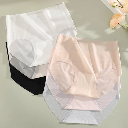 4PCS/Set Women's Ice Silk Seamless Panties Ultra Thin Briefs Breathable Underwear Female High Waist Intimates Lingerie Plus Size.