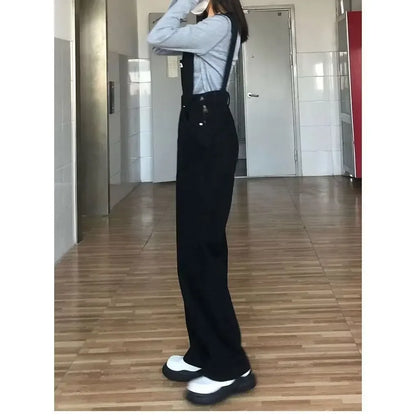 High Waist Wide Leg Jumpsuit Jeans Thin Strap Pants Korean Style Winter New Women's Loose Fit Trousers by None( AE Stock).