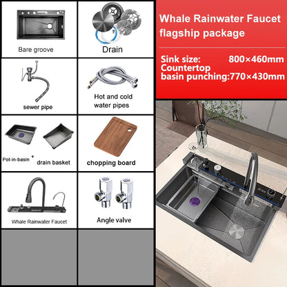 Stainless Steel Silver Kitchen Sink Multifunction Waterfalls Intelligent Digital Display Faucet Household Large Single Slot