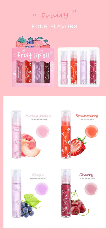 Set of Four Rolling Head Lip Oils Moisturizing Hydrating Roller Ball Lip Care Anti-Drying Transparent Lip Blam for Lip Health.