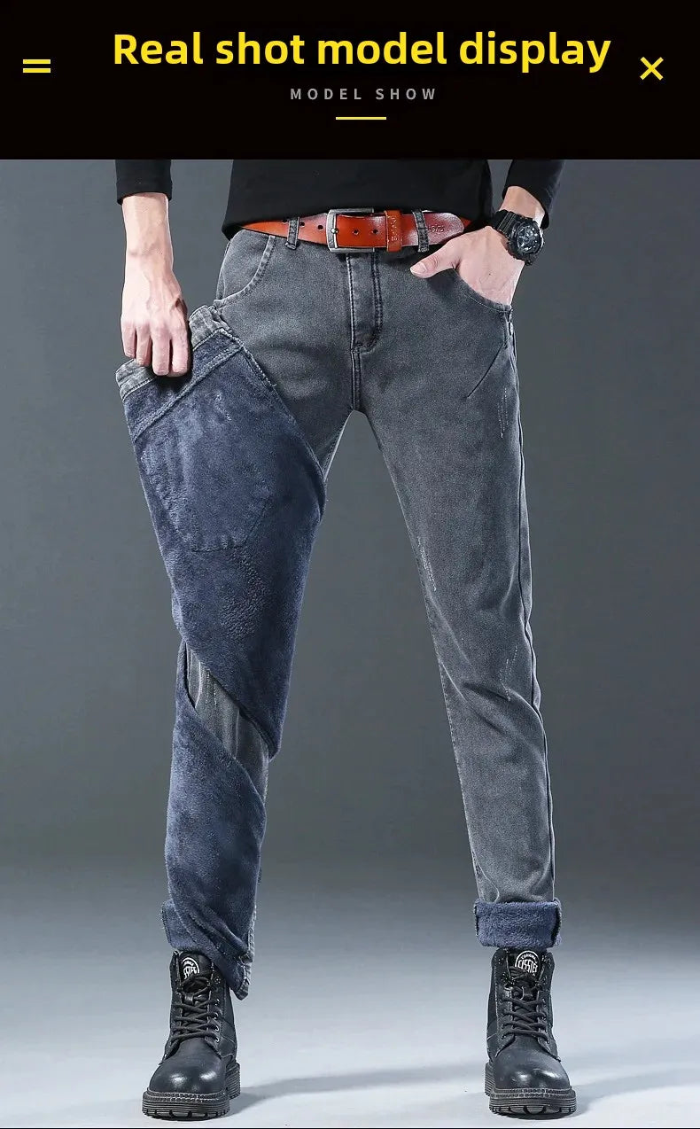 Winter Hot Sale Of The Season Trendy Stretchy Fleece Lined Thick Denim Mid Waist Fashionable Casual Warm Long Pants Men's Jeans.