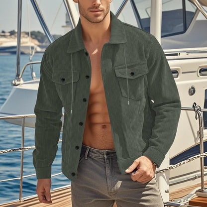 Men's Corduroy Jacket Stand-up Collar Slim Fit Retro Multi-pocket Workwear Commuter Coat for Spring And Autumn