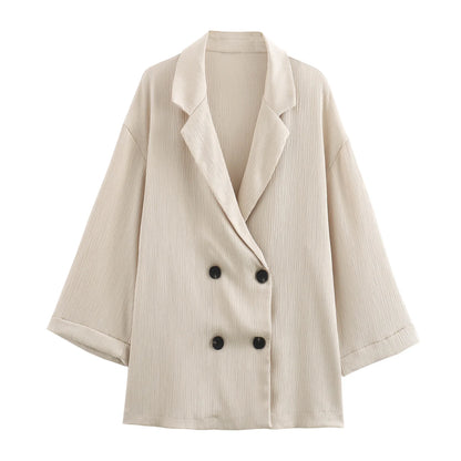 2024 Autumn Women Casual Blazer Coat Pants Set Long Sleeve Double Breasted Blazer + Wide Leg Trousers Lady Office Outfit.