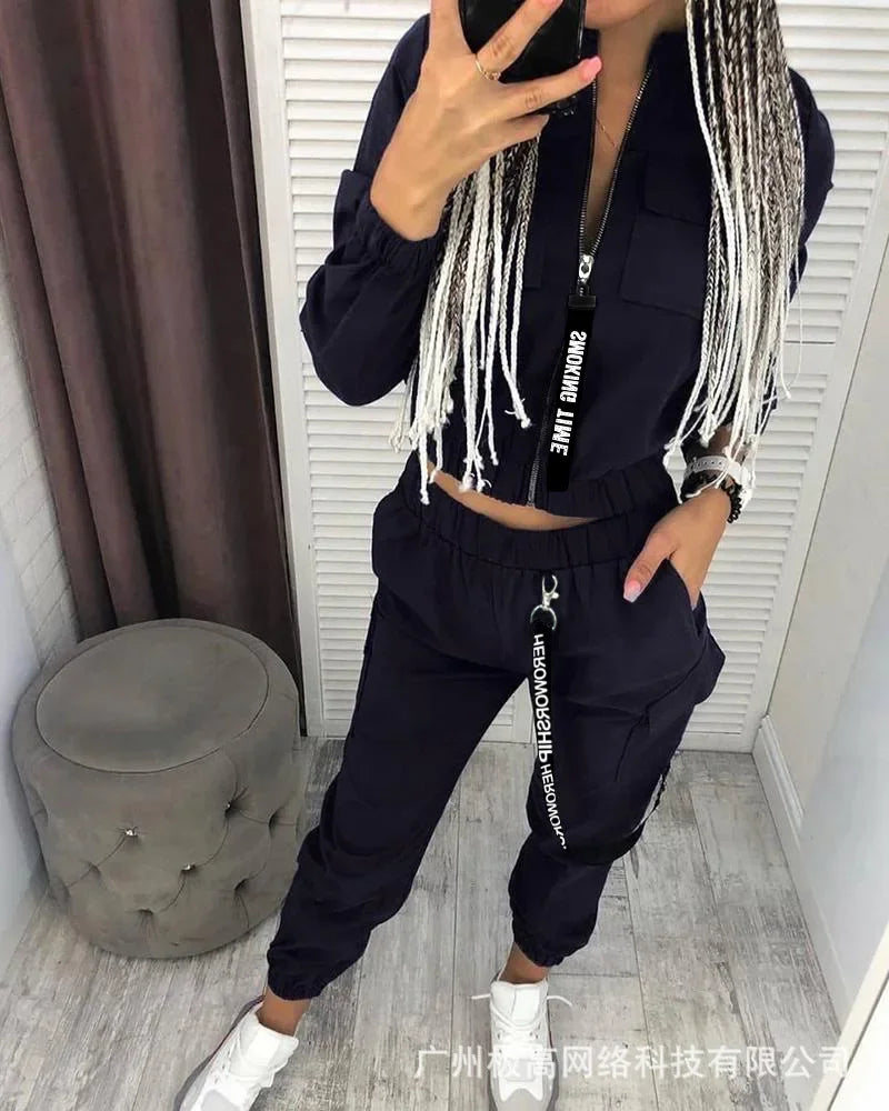 New Women Fashion Casual Autumn Winter 2pcs Clothes Set Pockets Zipper Long Sleeve Top Elastic Waist Pants Cargo Solid Color.